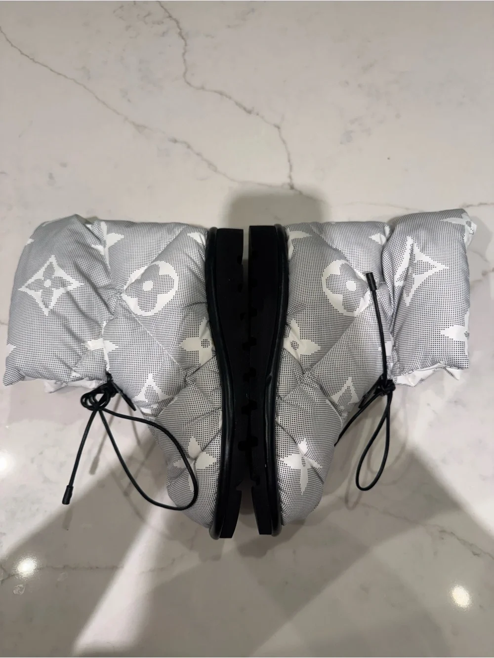 Louis Vuitton White Quilted Monogram Booties with Black Details
